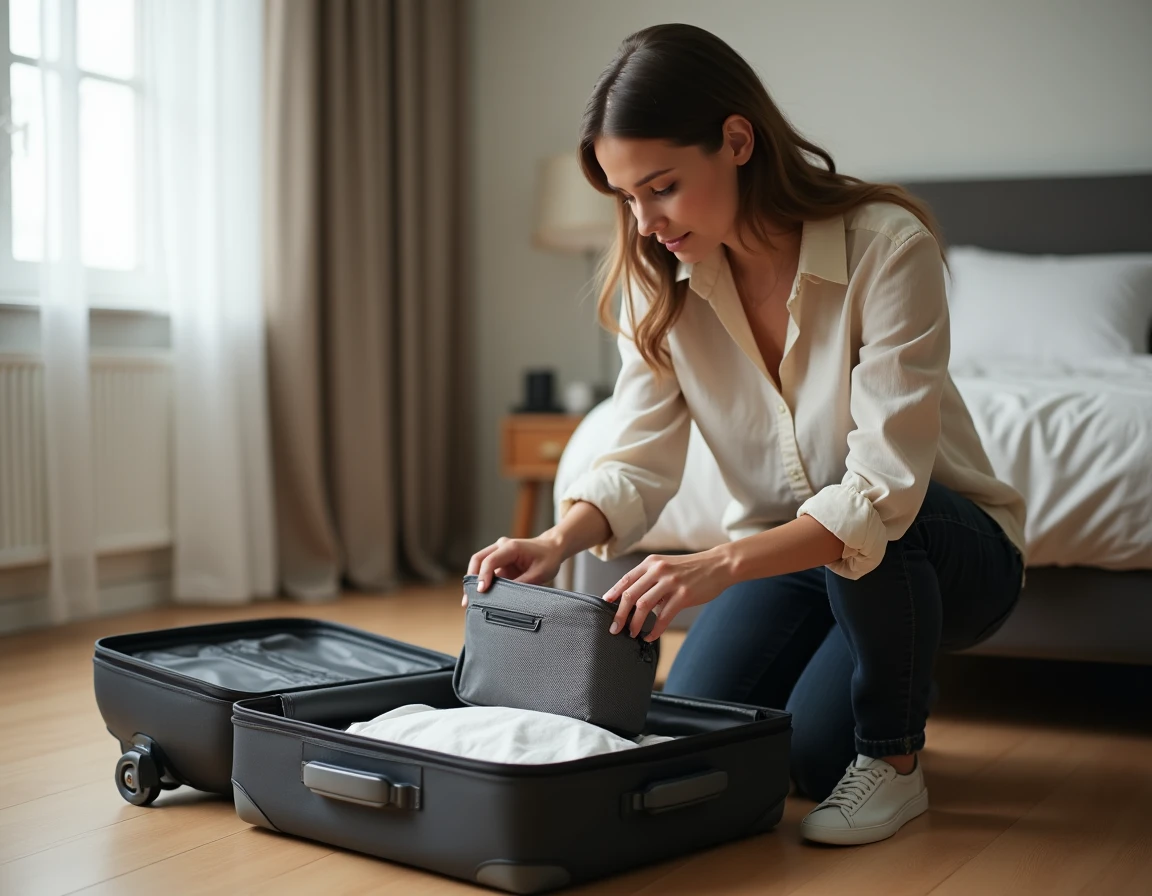 Femme rangeant un sac à chaussures de voyage dans un bagage cabine avant un vol
