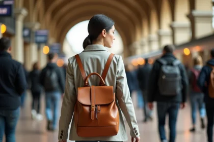 Femme en blazer lin portant un sac à main convertible en sac à dos caramel dans une gare européenne animée