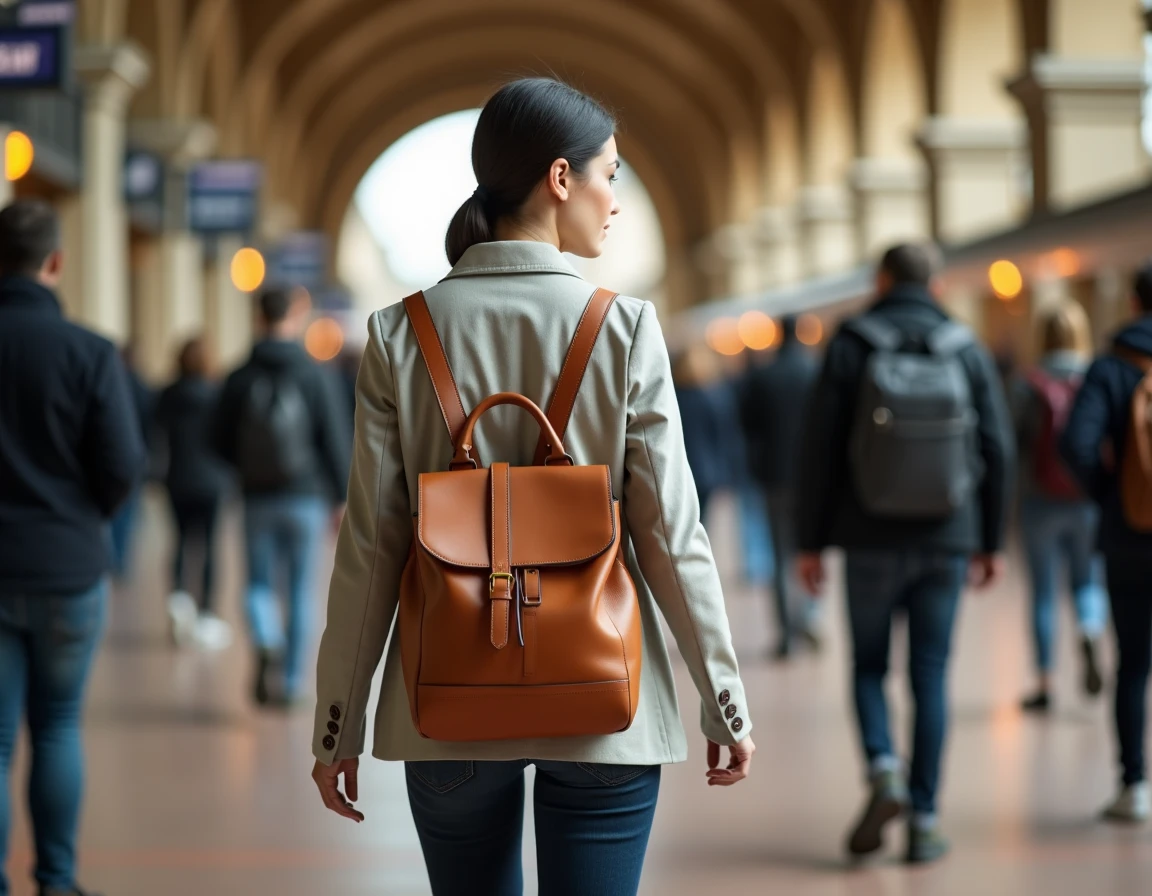 Femme en blazer lin portant un sac à main convertible en sac à dos caramel dans une gare européenne animée