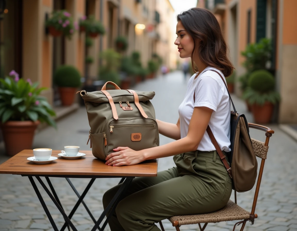Sac à main convertible ouvert sur une table de café en terrasse méditerranéenne montrant ses sangles de sac à dos