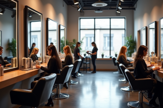 Salon de coiffure moderne avec stylistes et produits haut de gamme