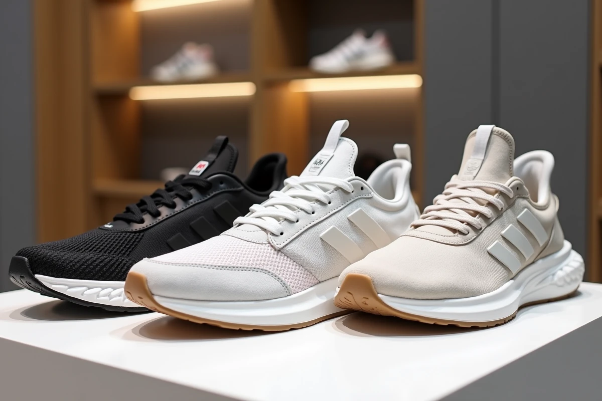 Trio de sneakers premium alignées sur un présentoir blanc en boutique, détail des matières