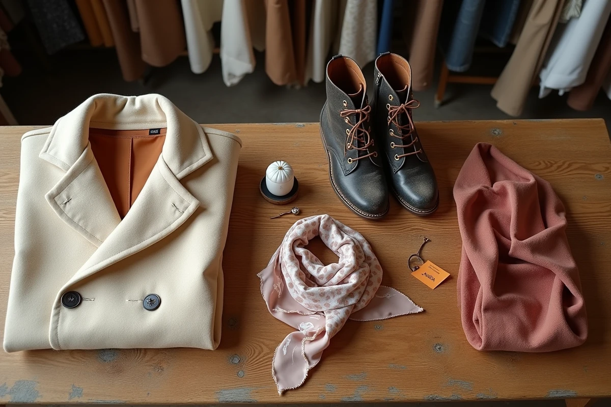 Sélection d'accessoires et vêtements de seconde main disposés sur une table en bois dans une friperie strasbourgeoise