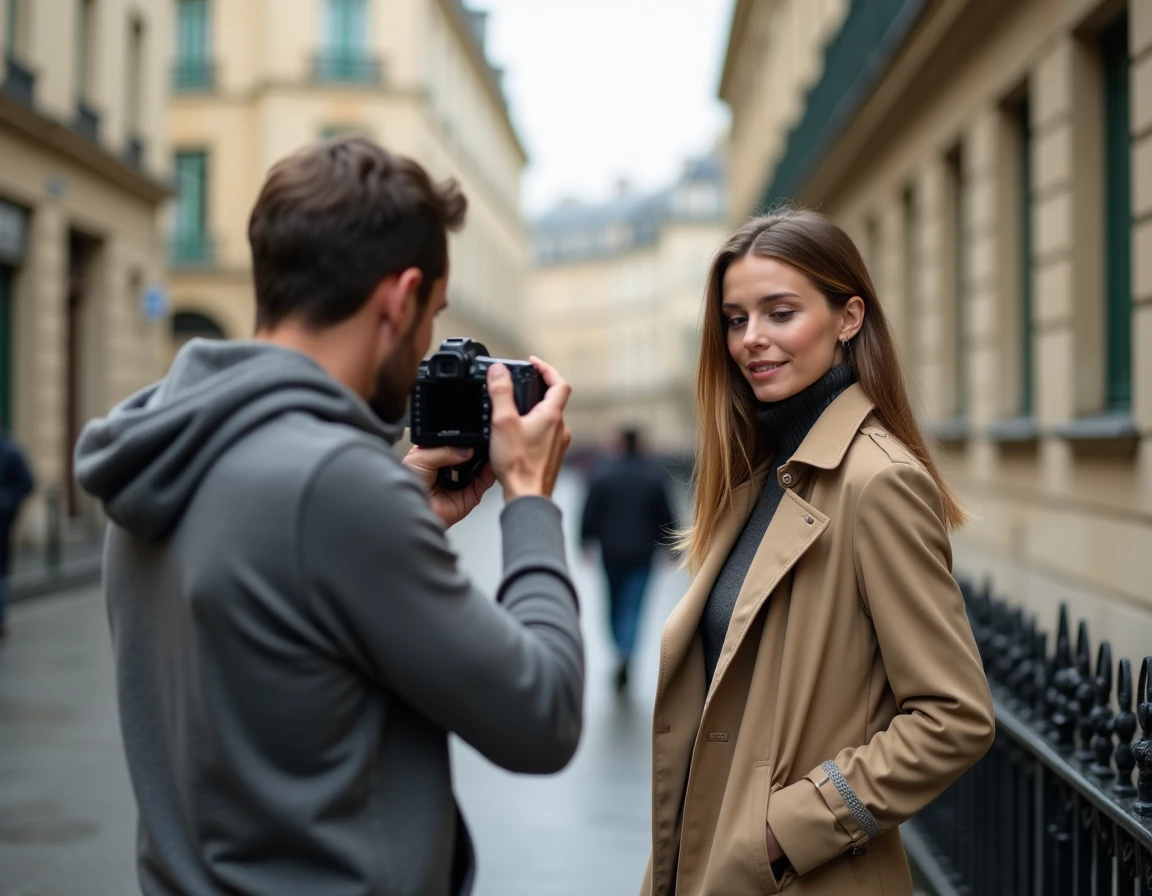 Séance de shooting photo en extérieur dans les rues de Paris avec photographe professionnel et modèle