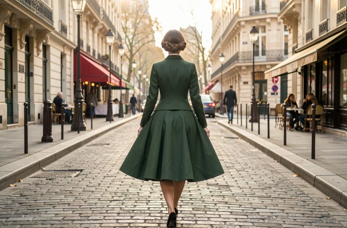 Silhouette en jupe corolle et taille marquée dans une rue