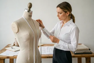 Styliste mesurant un mannequin de couture avec un mètre ruban dans un studio professionnel, check-list de mensurations visible sur la table