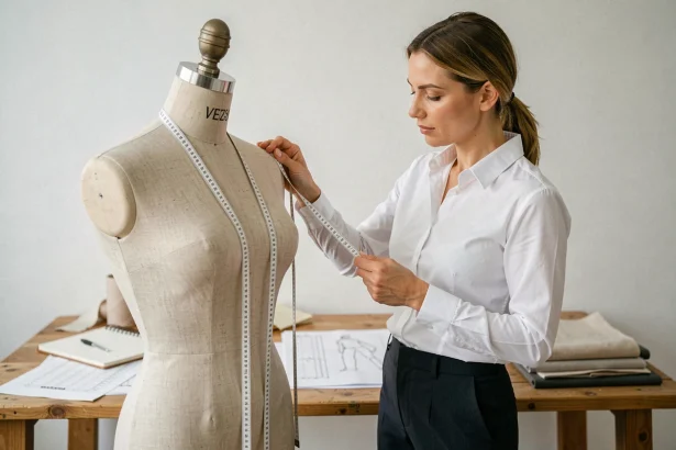 Styliste mesurant un mannequin de couture avec un mètre ruban dans un studio professionnel, check-list de mensurations visible sur la table