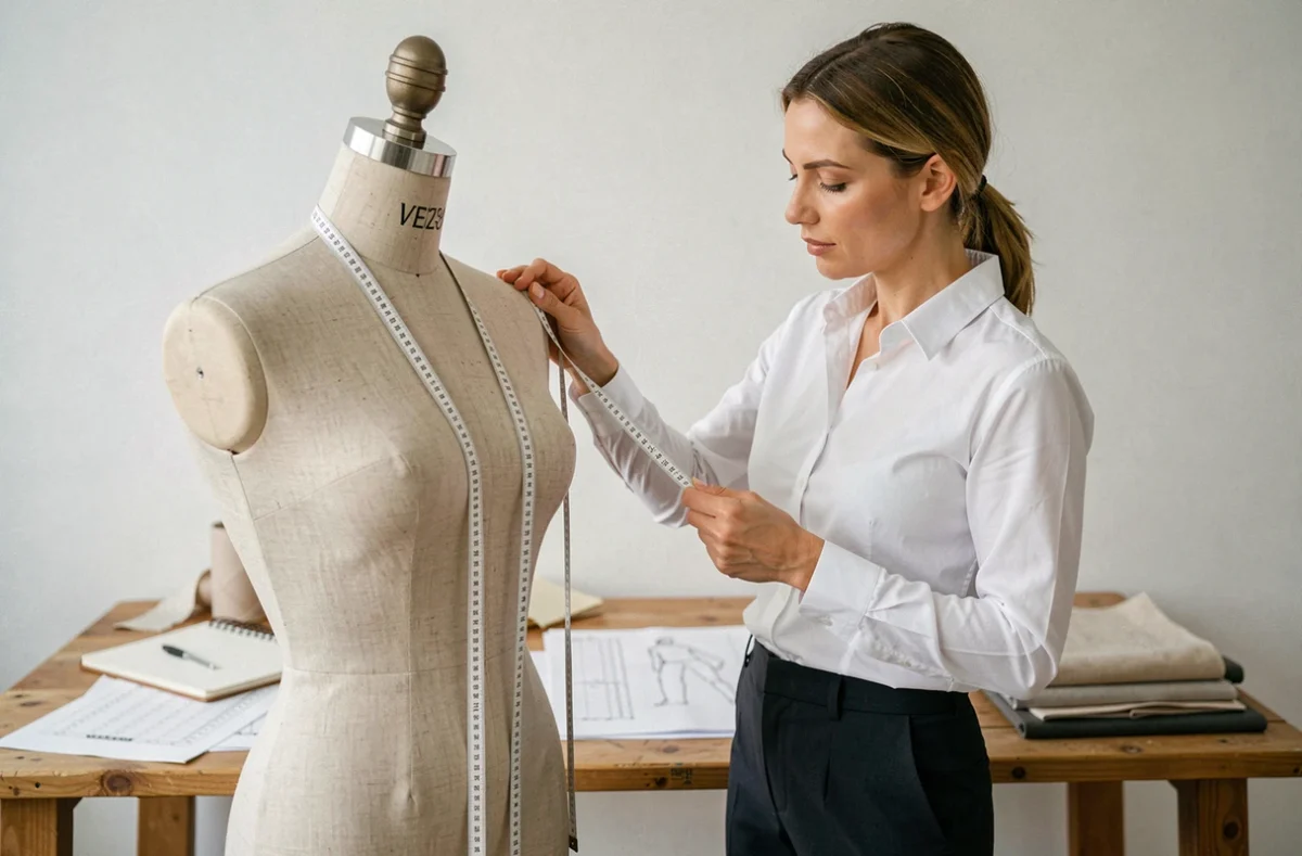 Styliste mesurant un mannequin de couture avec un mètre ruban dans un studio professionnel, check-list de mensurations visible sur la table