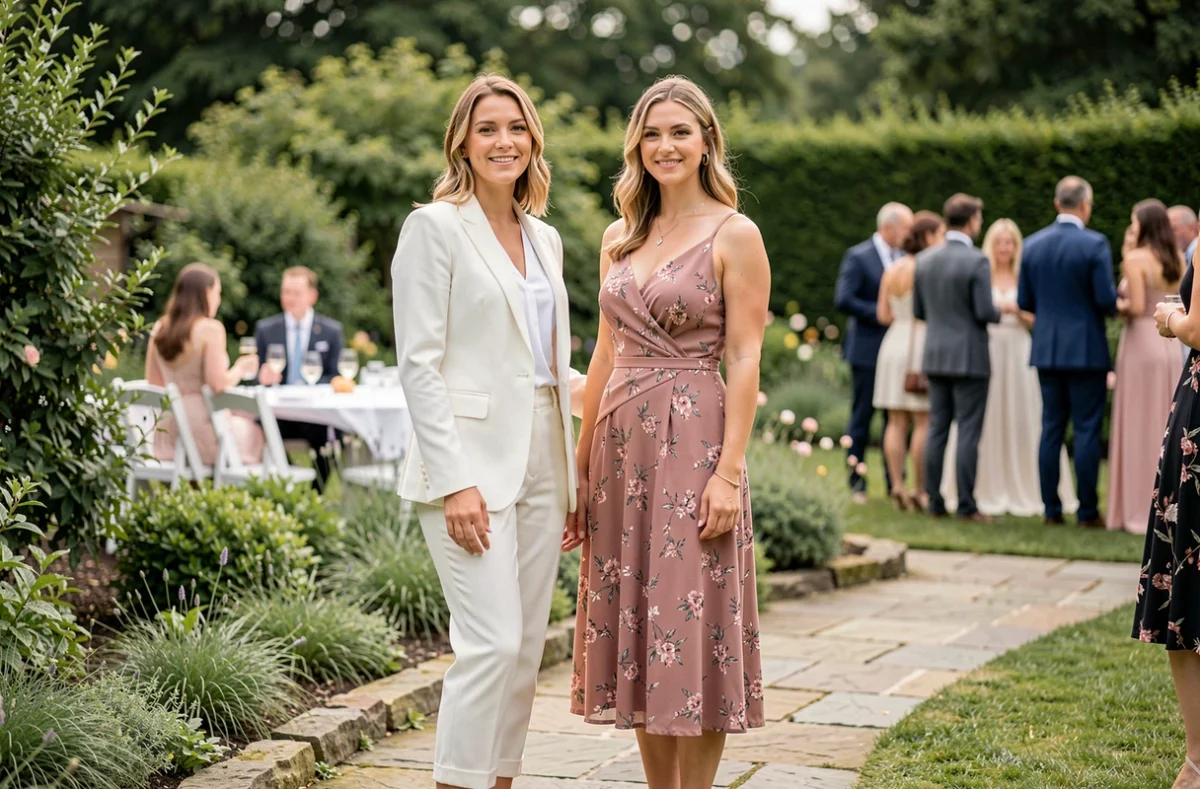 Deux invitées de mariage dans un jardin, l'une en tailleur blanc Mango, comparaison de tenues pour un mariage