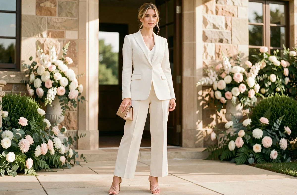 Femme en tailleur blanc ivoire Mango lors d'un mariage en extérieur, devant une façade en pierre fleurie