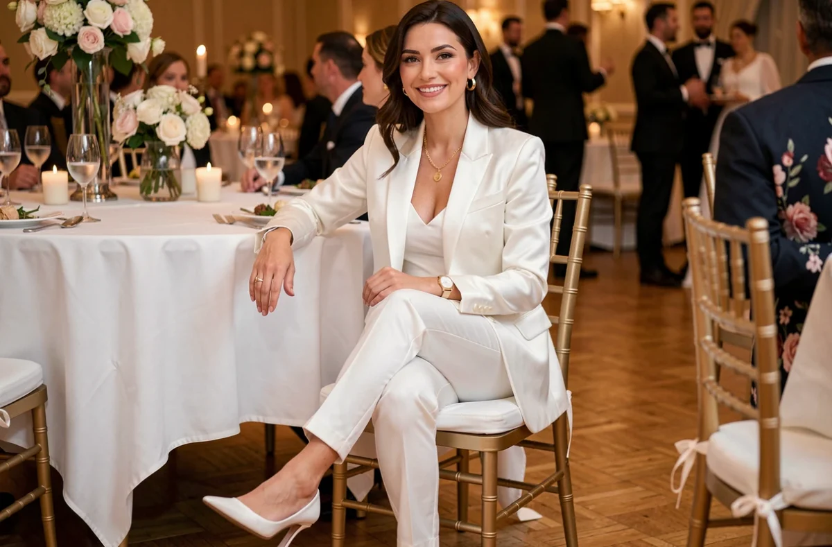Invitée de mariage en tailleur blanc satiné Mango assise à une table de réception décorée de fleurs