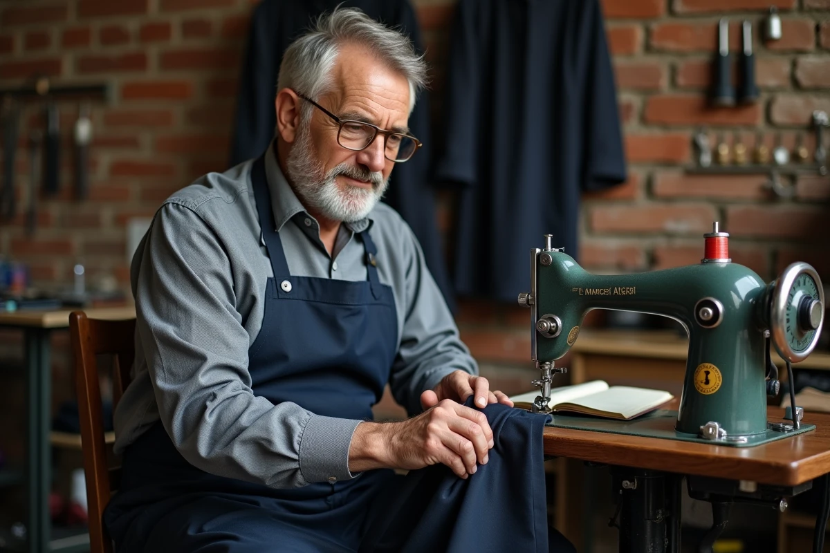 Tailleur masculin expérimenté à la machine à coudre effectuant un ourlet sur un pantalon de costume dans son atelier de retouche
