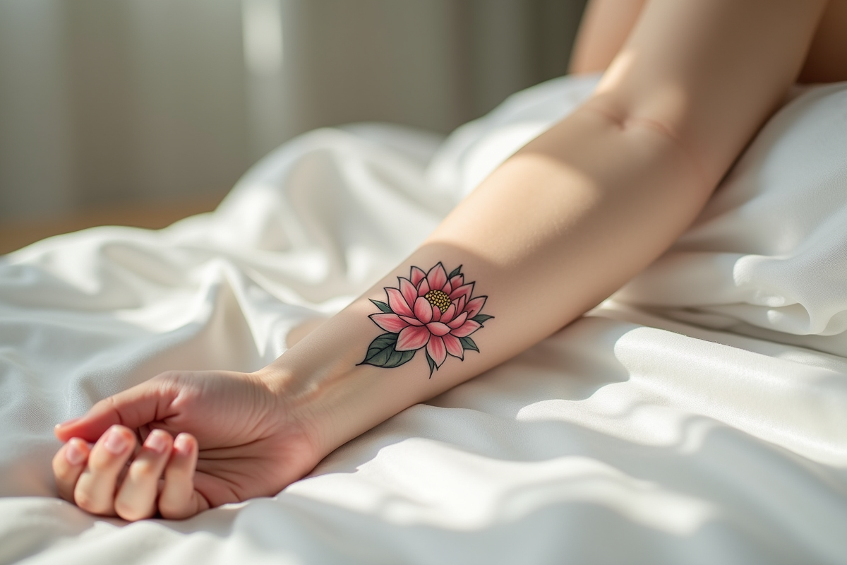 Bras d'une femme avec tatouage lotus pastel en lumière naturelle