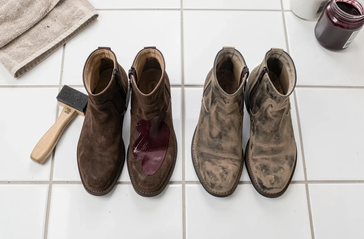 Paire de boots en nubuck en cours de teinture bordeaux posées sur du carrelage blanc avec éponge et pot de teinture