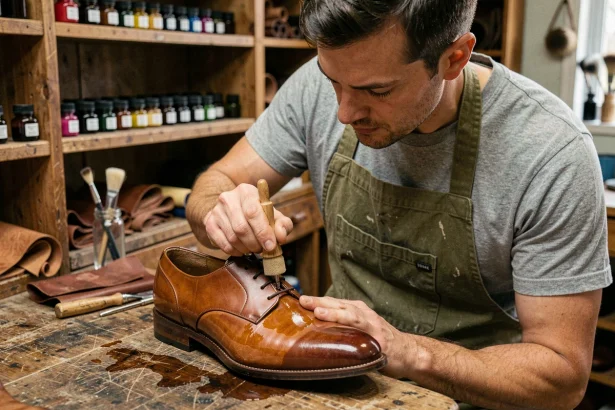 Cordonnier appliquant une teinture brune sur une chaussure en cuir lisse avec un applicateur en mousse sur un établi en bois