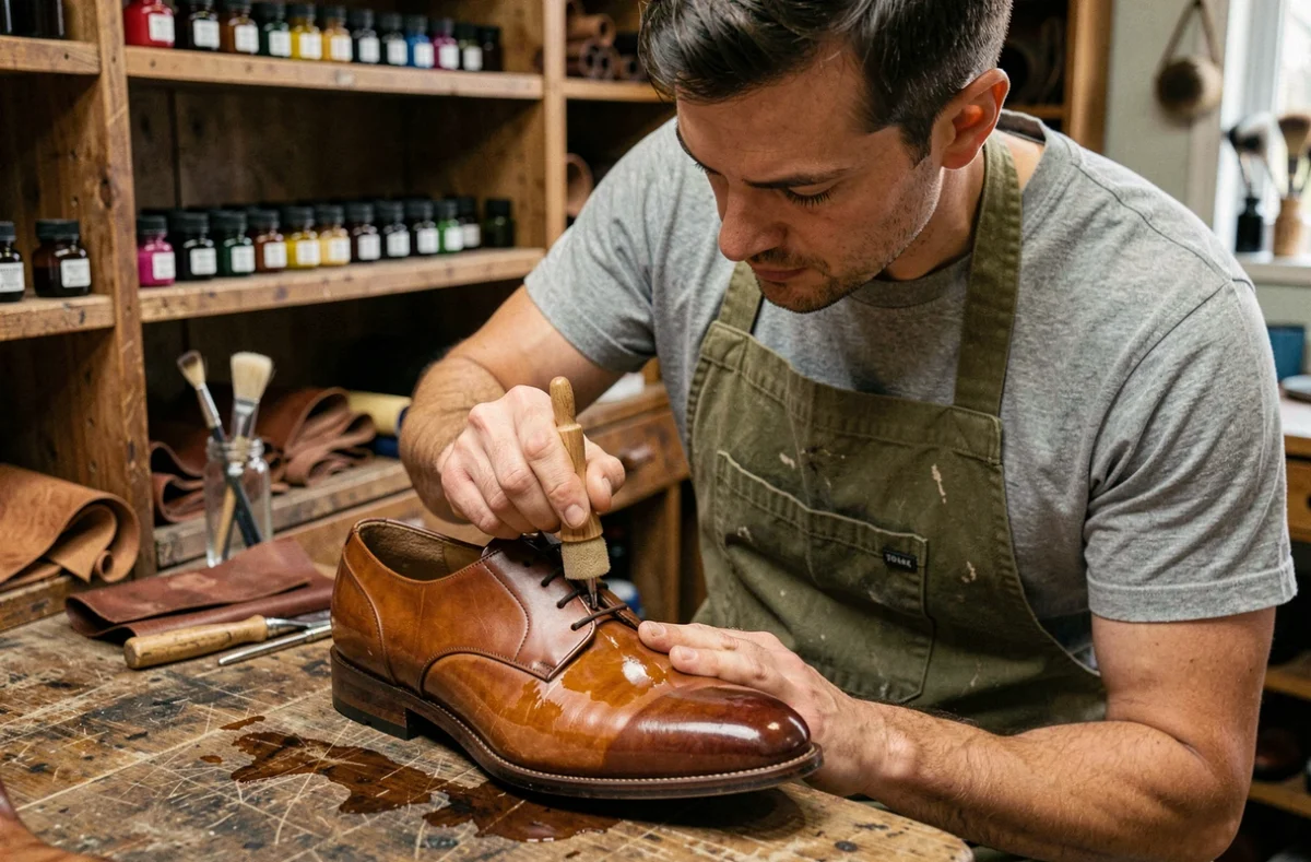 Cordonnier appliquant une teinture brune sur une chaussure en cuir lisse avec un applicateur en mousse sur un établi en bois