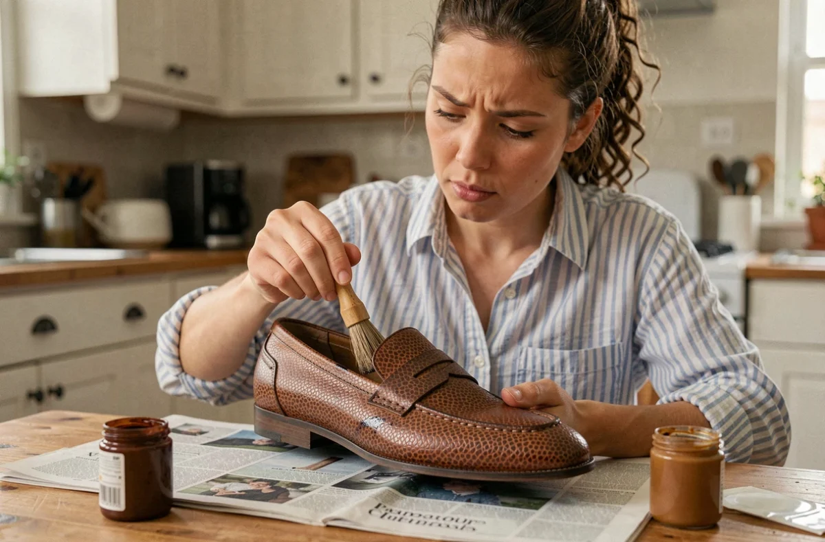 Femme appliquant de la teinture sur un mocassin en cuir grainé avec une brosse à la table de cuisine