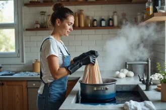 Femme teignant un tissu polyester clair en bleu indigo foncé dans une casserole, avec des gants en caoutchouc noir dans une buanderie domestique