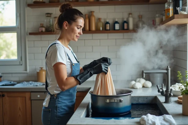 Femme teignant un tissu polyester clair en bleu indigo foncé dans une casserole, avec des gants en caoutchouc noir dans une buanderie domestique
