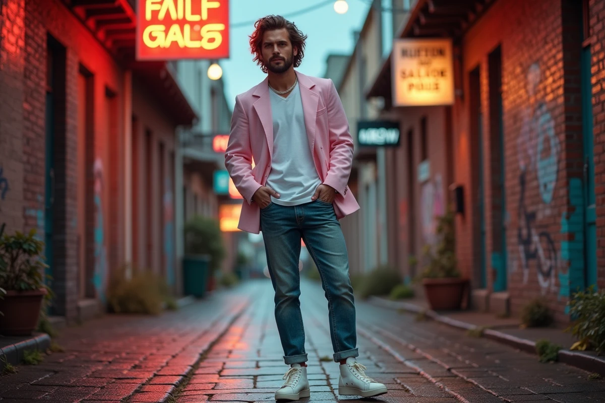 Homme portant une tenue années 80 avec blazer pastel et jean acid-wash dans une ruelle urbaine au style rétro
