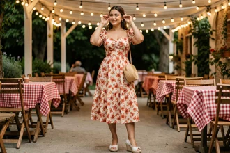 Femme en robe fleurie mi-longue style vintage pour soirée guinguette, avec espadrilles blanches et pochette en paille