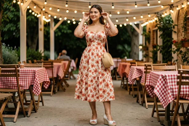 Femme en robe fleurie mi-longue style vintage pour soirée guinguette, avec espadrilles blanches et pochette en paille