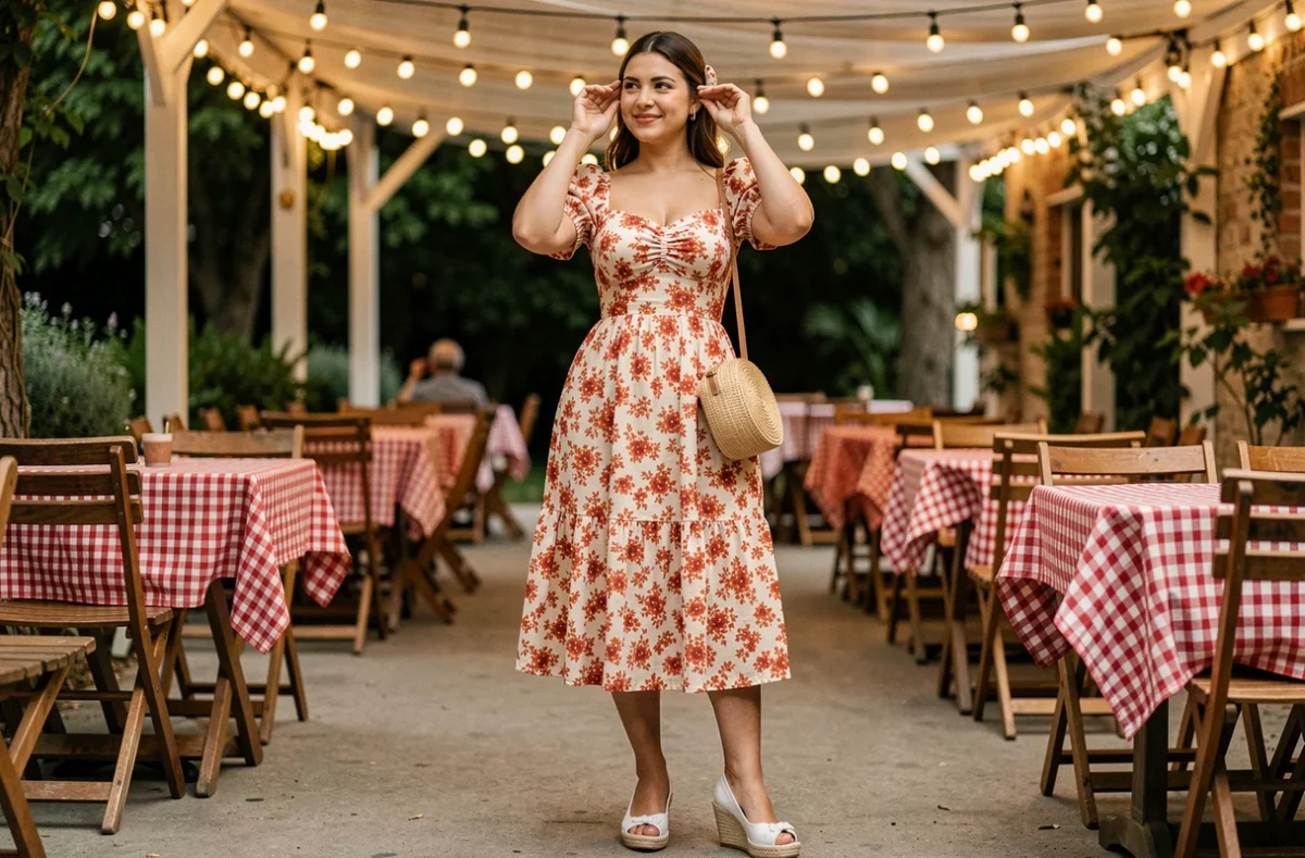 Femme en robe fleurie mi-longue style vintage pour soirée guinguette, avec espadrilles blanches et pochette en paille