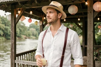 Homme en tenue guinguette avec chemise en lin blanc, bretelles bordeaux et chapeau canotier au bord de l'eau
