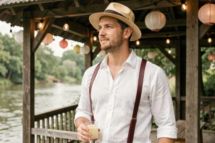 Homme en tenue guinguette avec chemise en lin blanc, bretelles bordeaux et chapeau canotier au bord de l'eau