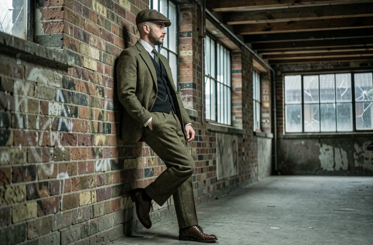 Homme en costume tweed trois pièces et flat cap style Peaky Blinders dans couloir industriel vintage