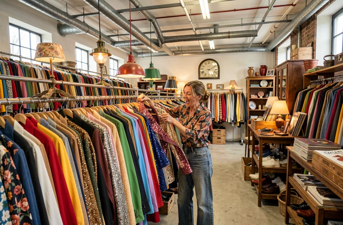 Tilt Vintage Lyon, grande friperie entrepôt avec des rails de vêtements colorés des années 60 aux années 90 et une cliente découvrant une veste à sequins