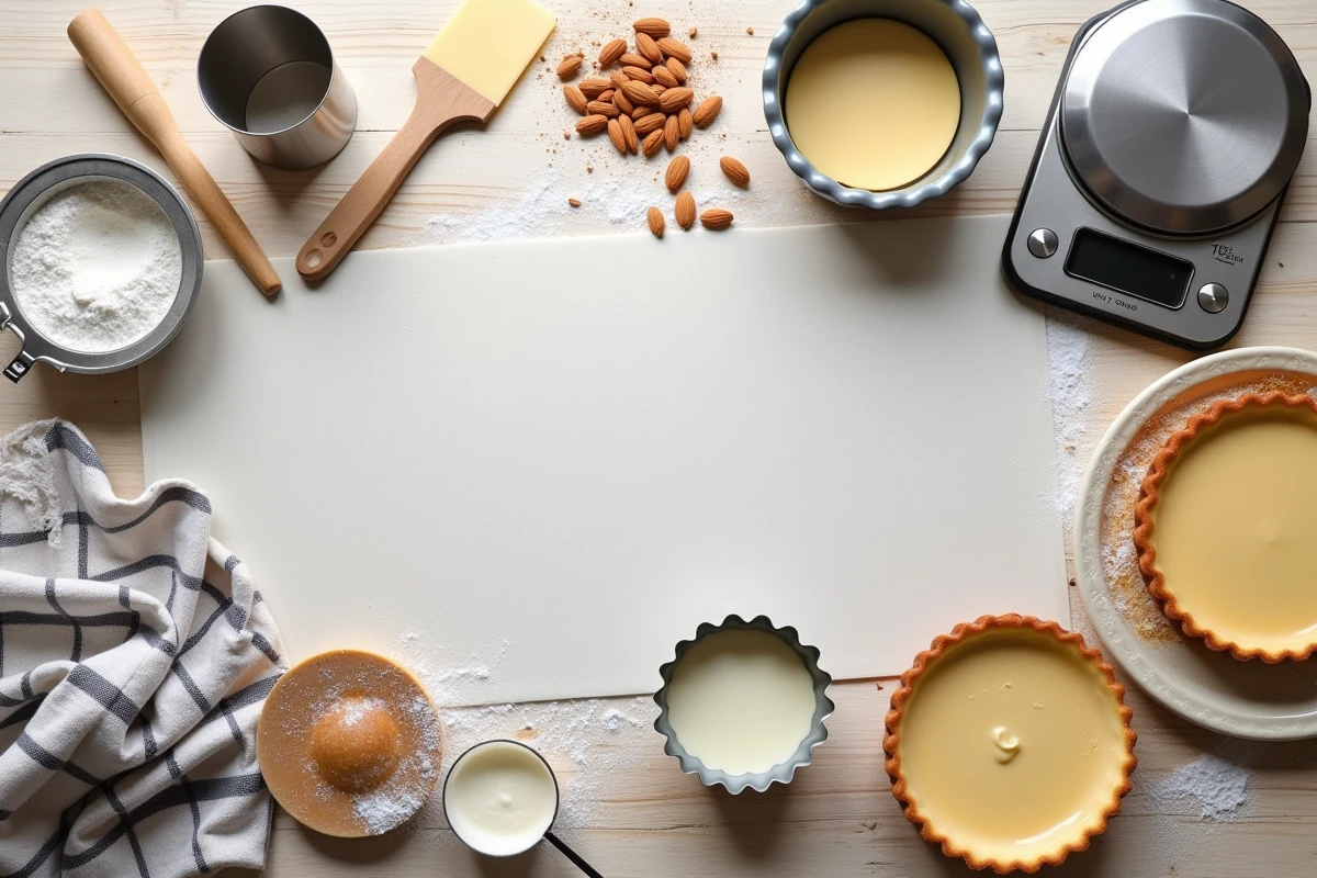 Flat lay d'ustensiles de pâtisserie Tess Goods disposés sur une table en bois rustique avec une tarte aux amandes et du sucre glace