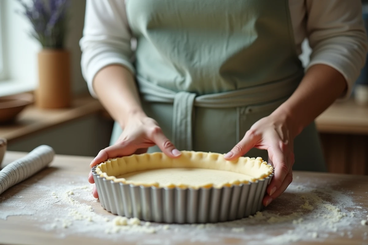 Gros plan sur des mains fonçant une pâte dans un moule à tarte cannelé Tess Goods dans une cuisine de style maison de campagne
