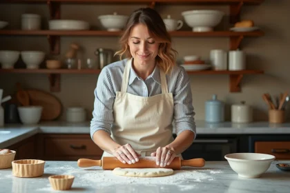 Femme utilisant un rouleau à pâtisserie en bois Tess Goods sur un plan de travail en marbre recouvert de farine dans une cuisine chaleureuse