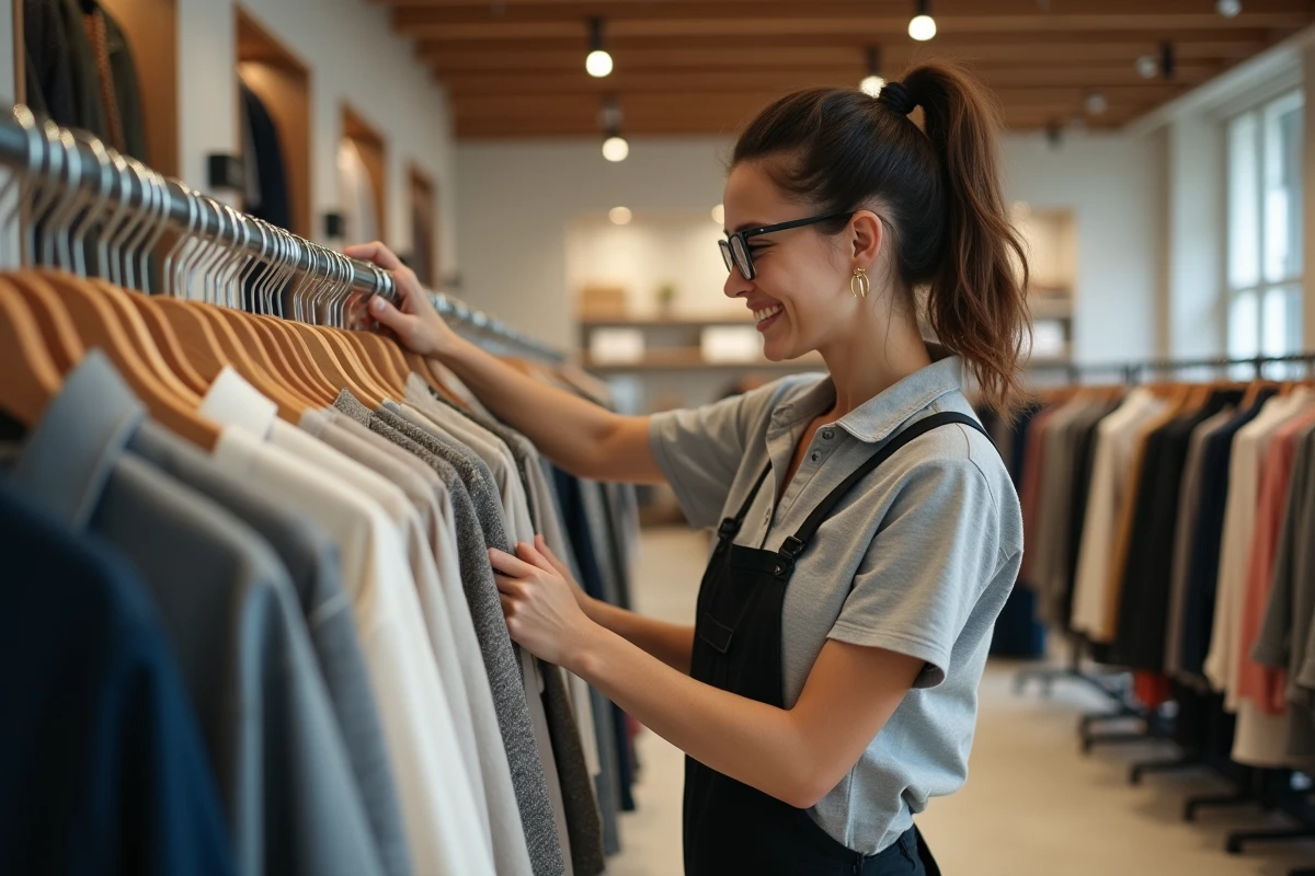 Employé en magasin arrangeant des vêtements sur un présentoir
