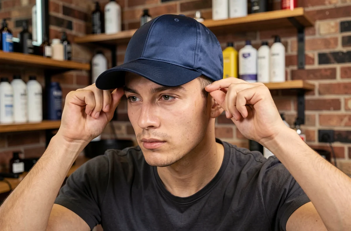 Homme portant un wave cap en satin bleu marine dans un barbershop moderne, vue en trois quarts
