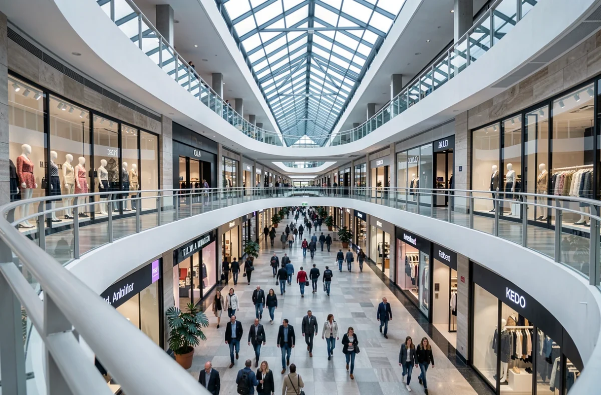 Atrium du centre commercial Westfield Euralille à Lille avec niveaux de boutiques mode et shoppers