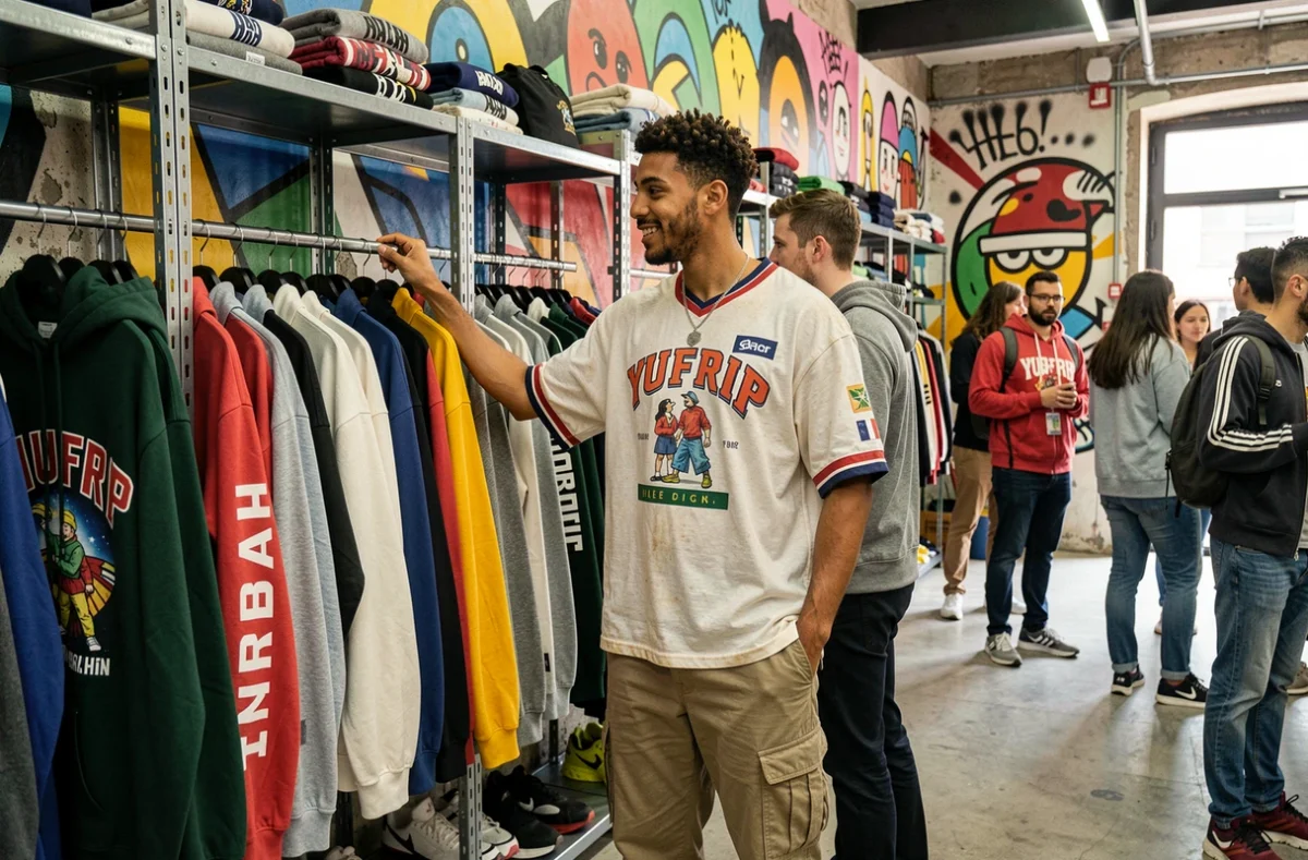 Yufrip Lyon, un jeune homme parcourant des vêtements vintage streetwear sur des portants dans une boutique aux grandes fresques murales graphiques